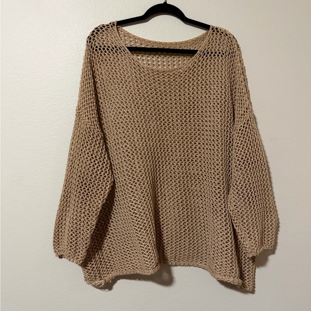 Oversized Open-Knit Sweater in Tan
